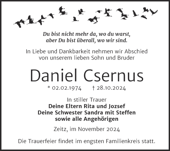 Traueranzeige von Daniel Csernus von Trauerkombi Zeitz