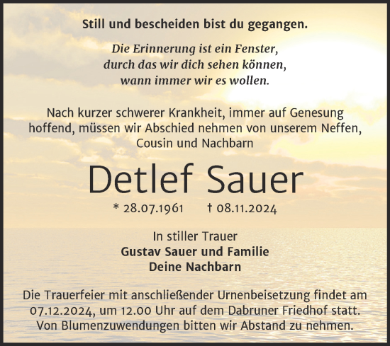 Traueranzeige von Detlef Sauer von Trauerkombi Wittenberg