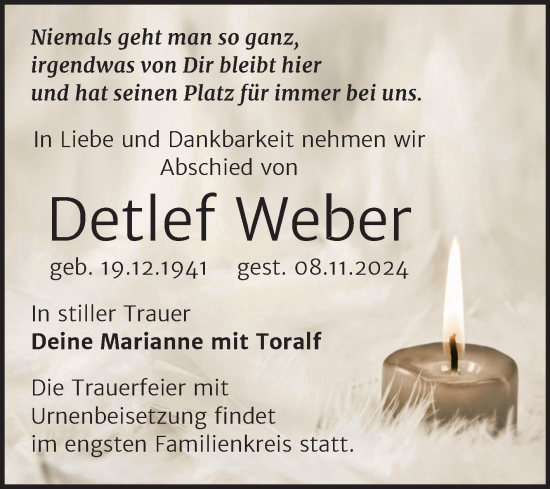 Traueranzeige von Detlef Weber von Trauerkombi Bitterfeld