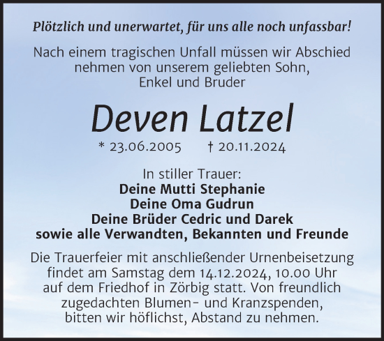Traueranzeige von Deven Latzel von Trauerkombi Bitterfeld