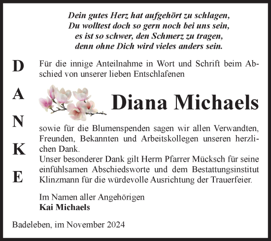 Traueranzeige von Diana Michaels von Volksstimme Oschersleben/Wanzleben