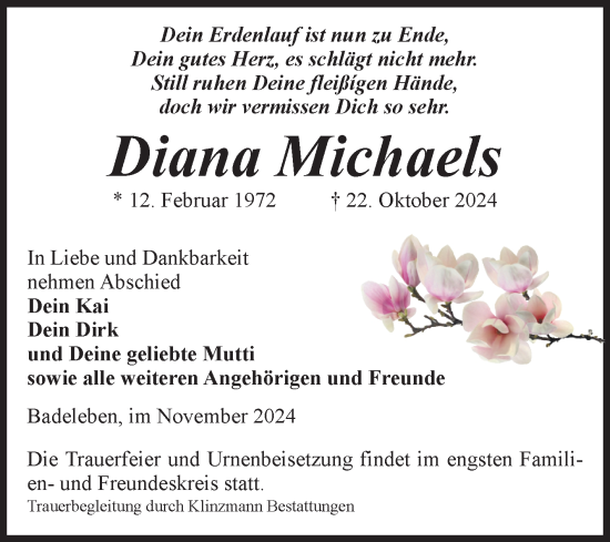 Traueranzeige von Diana Michaels von Volksstimme Oschersleben/Wanzleben