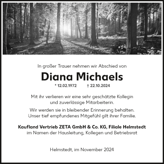 Traueranzeige von Diana Michaels von Volksstimme Oschersleben/Wanzleben