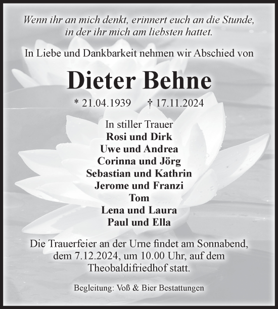 Traueranzeige von Dieter Behne von Volksstimme Wernigerode