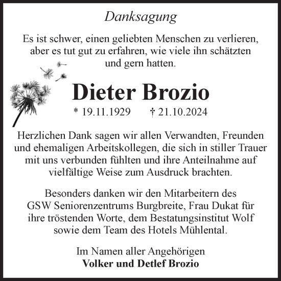 Traueranzeige von Dieter Brozio von Volksstimme Wernigerode