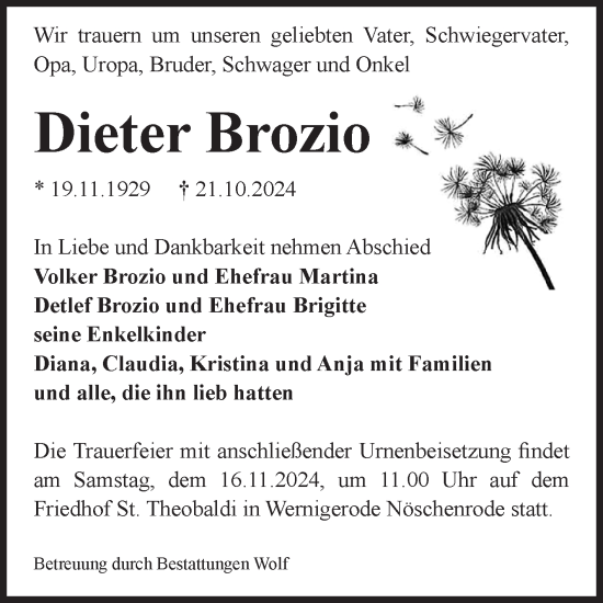Traueranzeige von Dieter Brozio von Volksstimme Wernigerode
