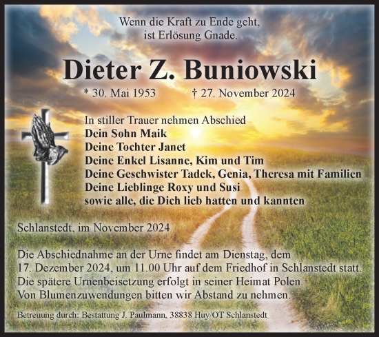 Traueranzeige von Dieter Buniowski von Volksstimme Halberstadt