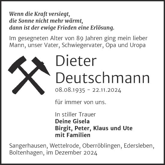 Traueranzeige von Dieter Deutschmann von Trauerkombi Sangerhausen