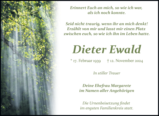 Traueranzeige von Dieter Ewald von Trauerkombi Bitterfeld