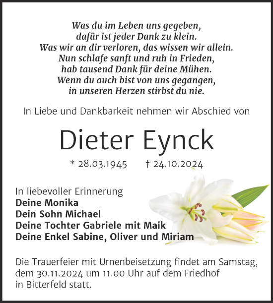 Traueranzeige von Dieter Eynck von Trauerkombi Bitterfeld