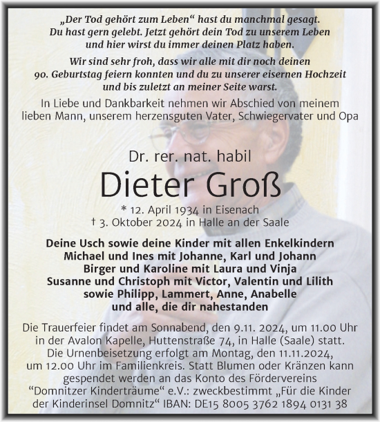 Traueranzeige von Dieter Groß von Mitteldeutsche Zeitung Halle/Saalkreis
