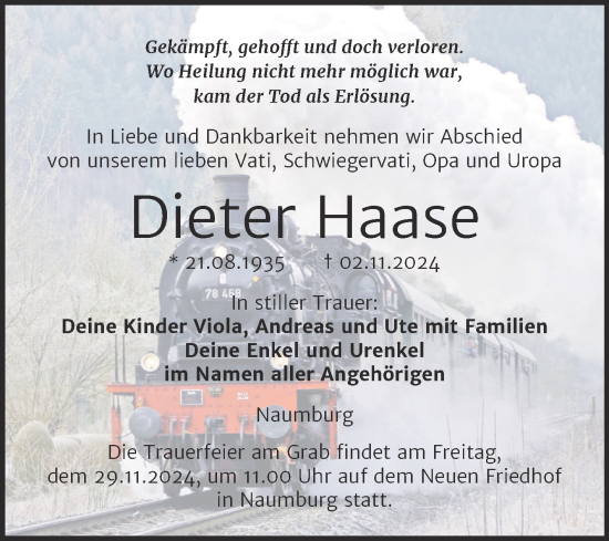 Traueranzeige von Dieter Haase von Super Sonntag Naumburg/Nebra