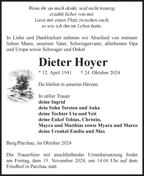 Traueranzeige von Dieter Hoyer von Volksstimme Burg/Genthin