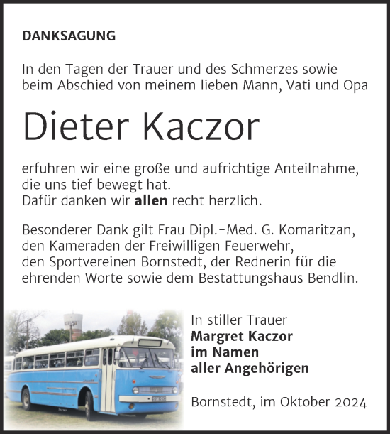 Traueranzeige von Dieter Kaczor von Trauerkombi Mansfelder Land
