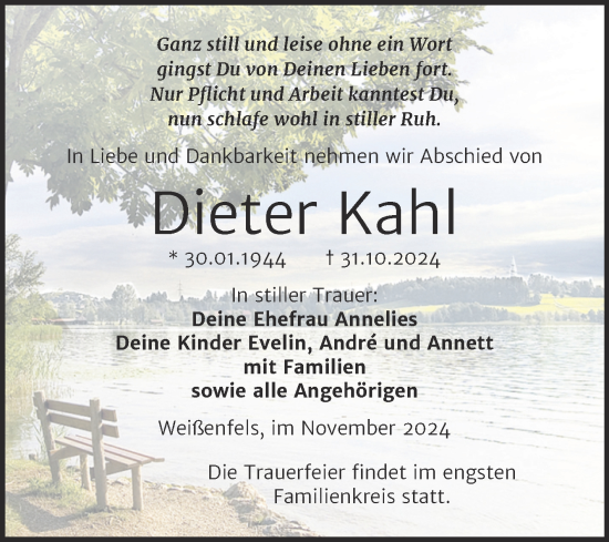 Traueranzeige von Dieter Kahl von Trauerkombi Weißenfels