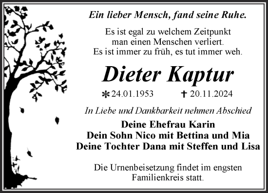 Traueranzeige von Dieter Kaptur von Trauerkombi Dessau