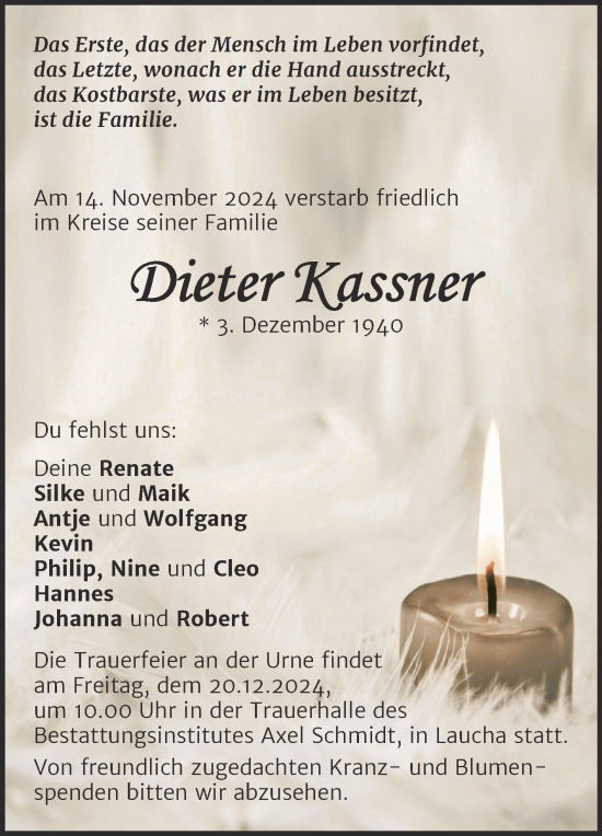 Traueranzeige von Dieter Kassner von Super Sonntag Naumburg/Nebra