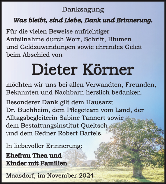 Traueranzeige von Dieter Körner von Trauerkombi Köthen