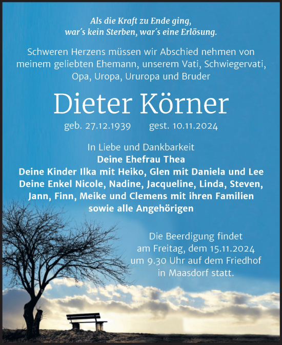 Traueranzeige von Dieter Körner von Trauerkombi Köthen