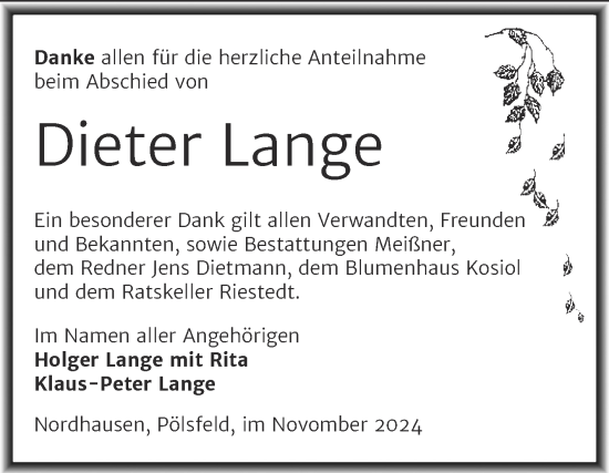 Traueranzeige von Dieter Lange von Trauerkombi Sangerhausen