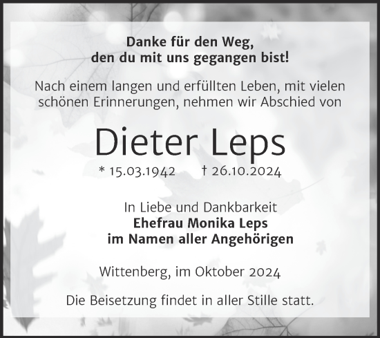 Traueranzeige von Dieter Leps von Trauerkombi Wittenberg
