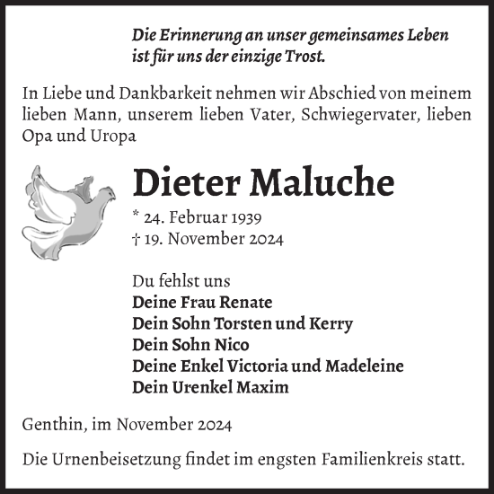 Traueranzeige von Dieter Maluche von Volksstimme Burg/Genthin