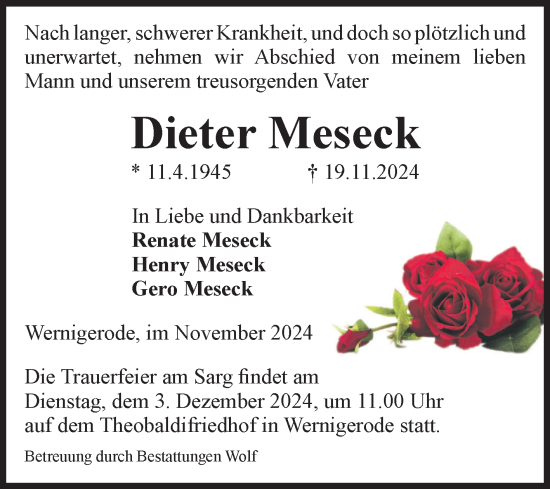 Traueranzeige von Dieter Meseck von Volksstimme Wernigerode