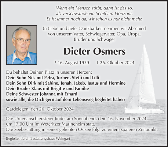 Traueranzeige von Dieter Osmers von Volksstimme Altmark West