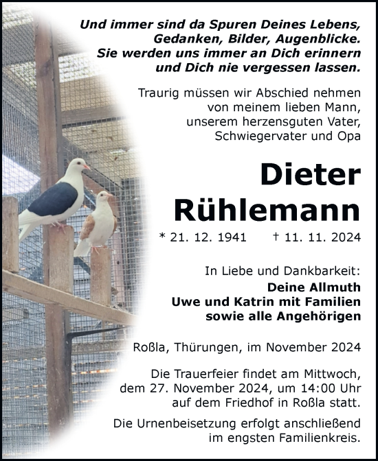 Traueranzeige von Dieter Rühlemann von Mitteldeutsche Zeitung Sangerhausen
