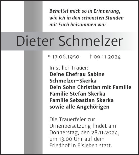 Traueranzeige von Dieter Schmelzer von Trauerkombi Mansfelder Land