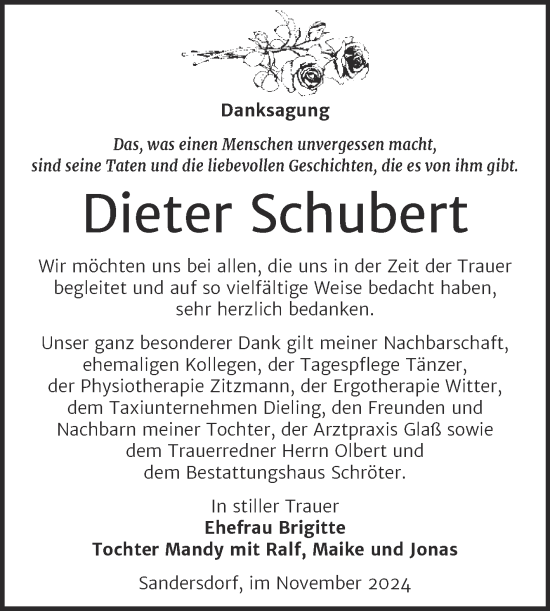 Traueranzeige von Dieter Schubert von Trauerkombi Bitterfeld