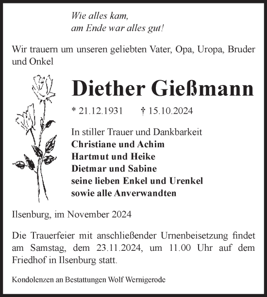 Traueranzeige von Diether Gießmann von Volksstimme Wernigerode