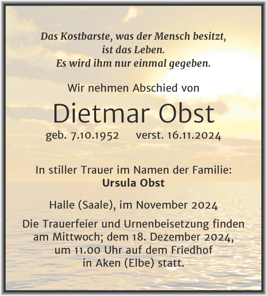 Traueranzeige von Dietmar Obst 