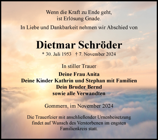 Traueranzeige von Dietmar Schröder von Volksstimme Burg/Genthin