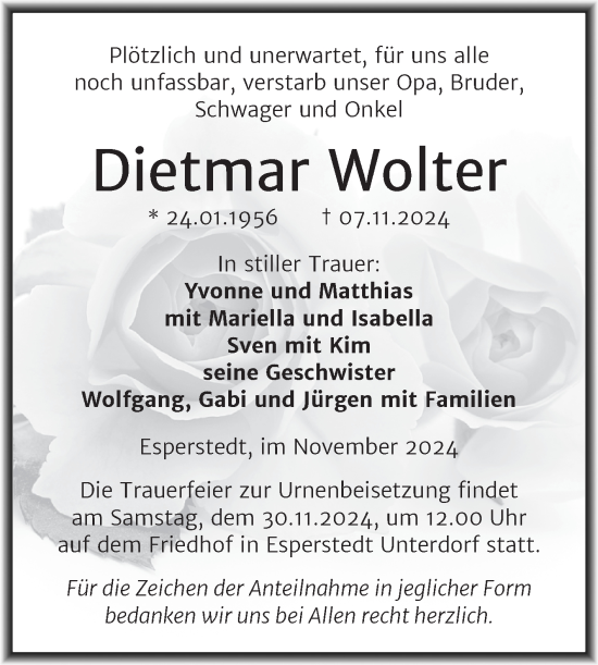 Traueranzeige von Dietmar Wolter von Trauerkombi Merseburg