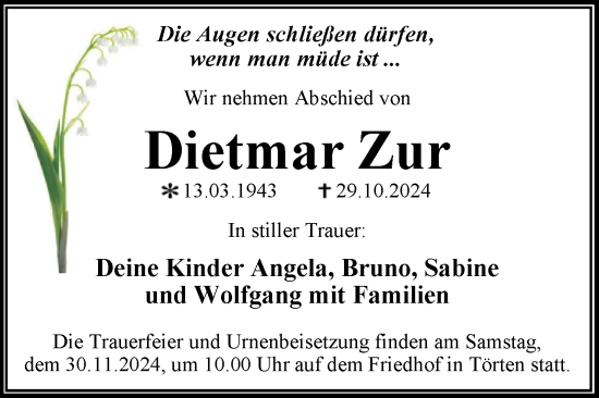Traueranzeige von Dietmar Zur von Trauerkombi Dessau
