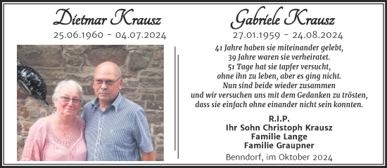 Traueranzeige von Dietmar und Gabriele Krausz von Trauerkombi Mansfelder Land