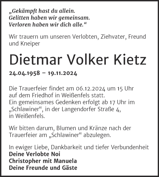 Traueranzeige von Dietmar Volker Kietz von Trauerkombi Weißenfels