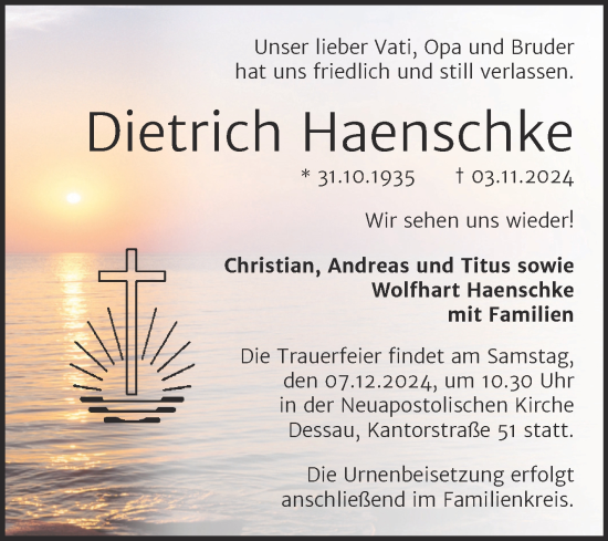 Traueranzeige von Dietrich Haenschke von Trauerkombi Dessau