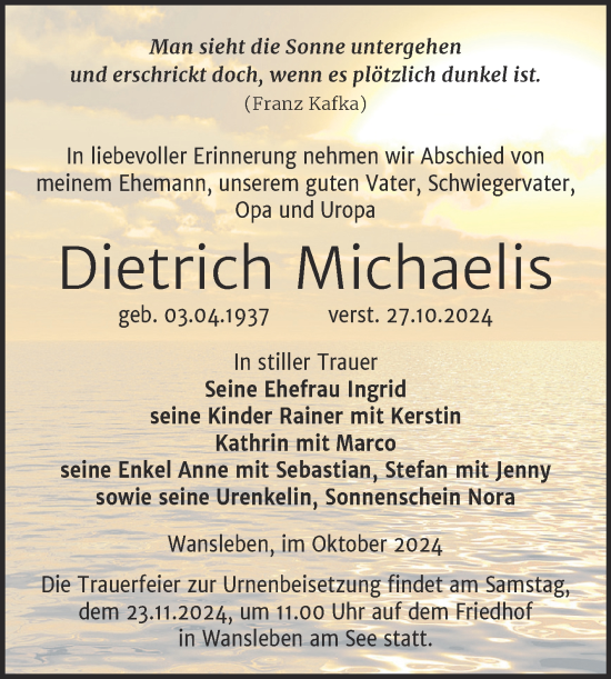 Traueranzeige von Dietrich Michaelis von Trauerkombi Mansfelder Land