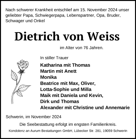 Traueranzeige von Dietrich von Weiss von Volksstimme Burg/Genthin
