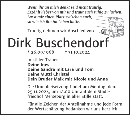 Traueranzeige von Dirk Buschendorf von Trauerkombi Merseburg