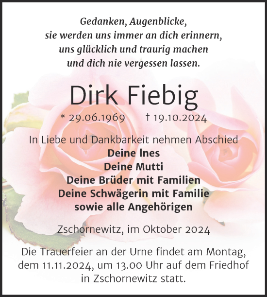 Traueranzeige von Dirk Fiebig von Trauerkombi Wittenberg