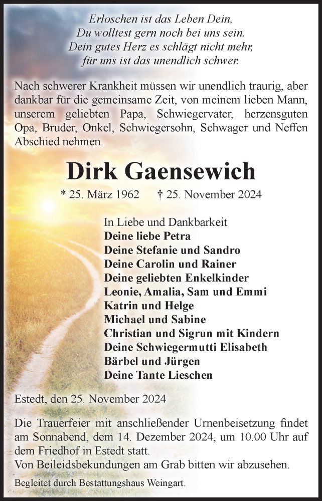  Traueranzeige für Dirk Gaensewich vom 29.11.2024 aus Volksstimme Altmark West