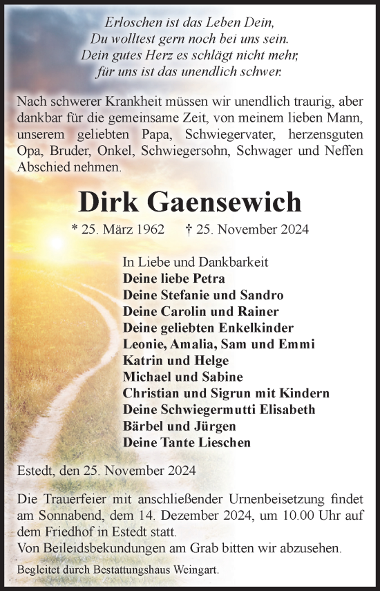 Traueranzeige von Dirk Gaensewich von Volksstimme Altmark West