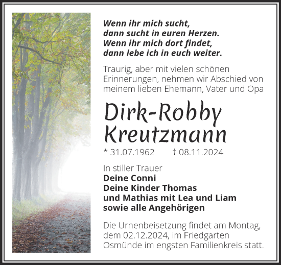Traueranzeige von Dirk-Robby Kreutzmann von Trauerkombi Merseburg
