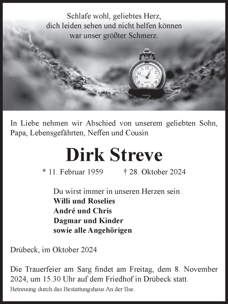  Traueranzeige für Dirk Streve vom 02.11.2024 aus Volksstimme Wernigerode