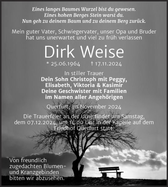 Traueranzeige von Dirk Weise von Super Sonntag Naumburg/Nebra