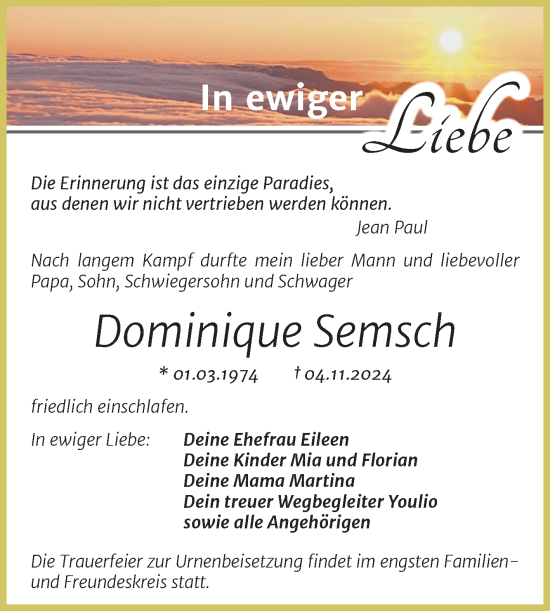 Traueranzeige von Dominique Semsch von Trauerkombi Mansfelder Land
