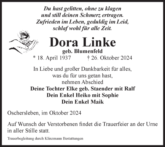 Traueranzeige von Dora Linke von Volksstimme Oschersleben/Wanzleben